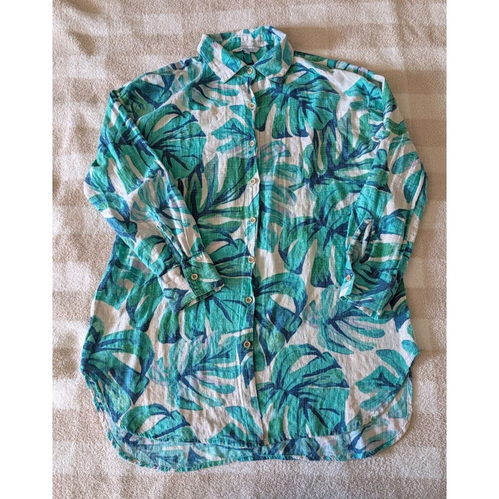 Blue Island Tropical Palm Leaf Button Down Top S Green Gauze Resort Top Vacation